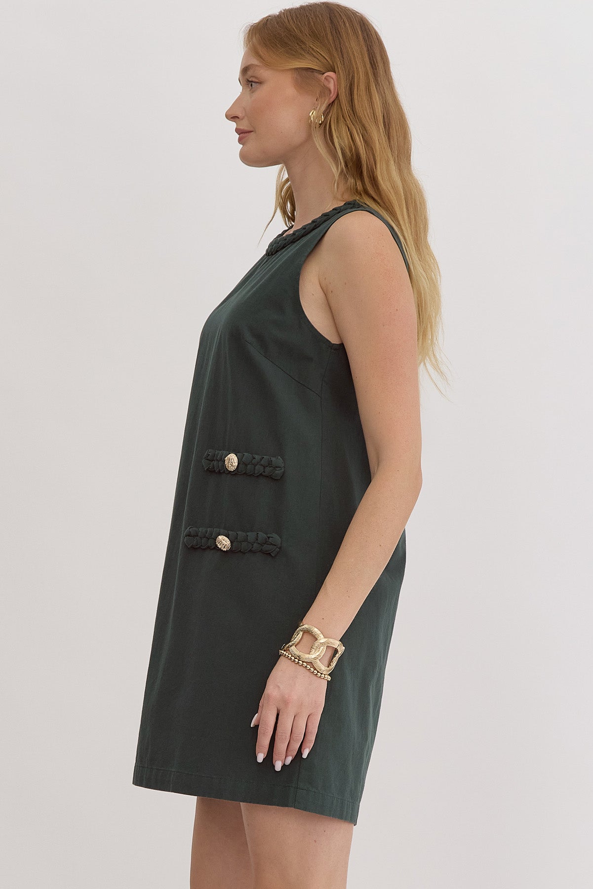 Hunter Green Braided Neck and Pocket Detail Dress