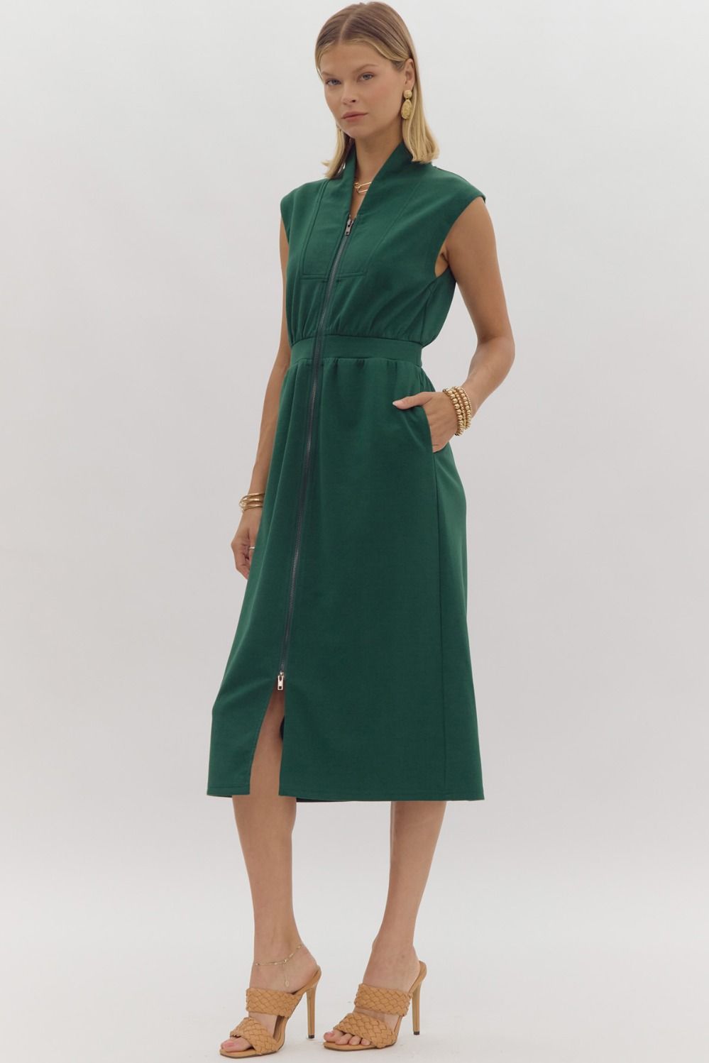 Green Sleeveless Zip Up Midi