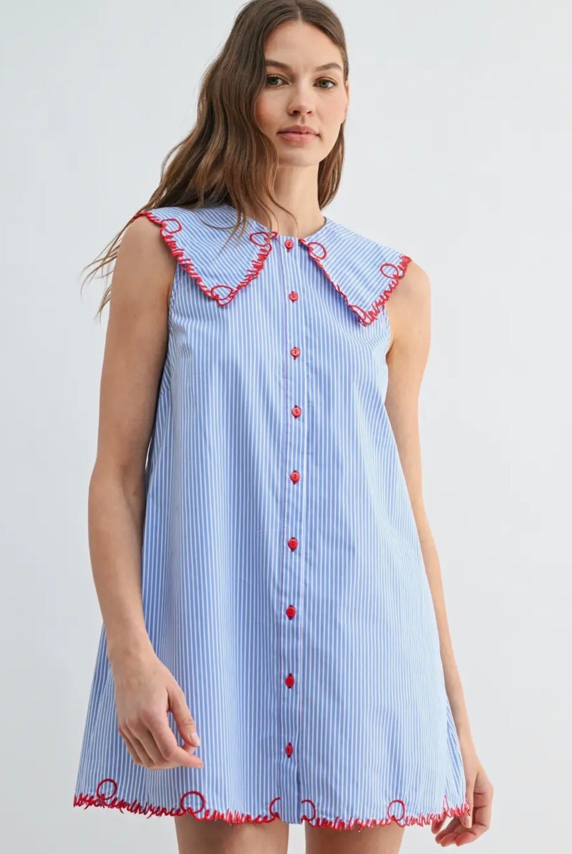 Red and Blue Embroidered Collar Shift Dress