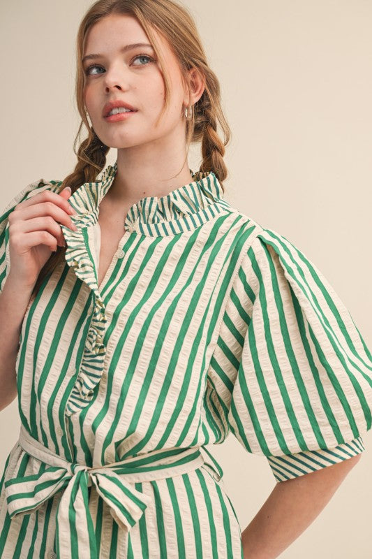 Green Stripe Ruffle Neck Dress