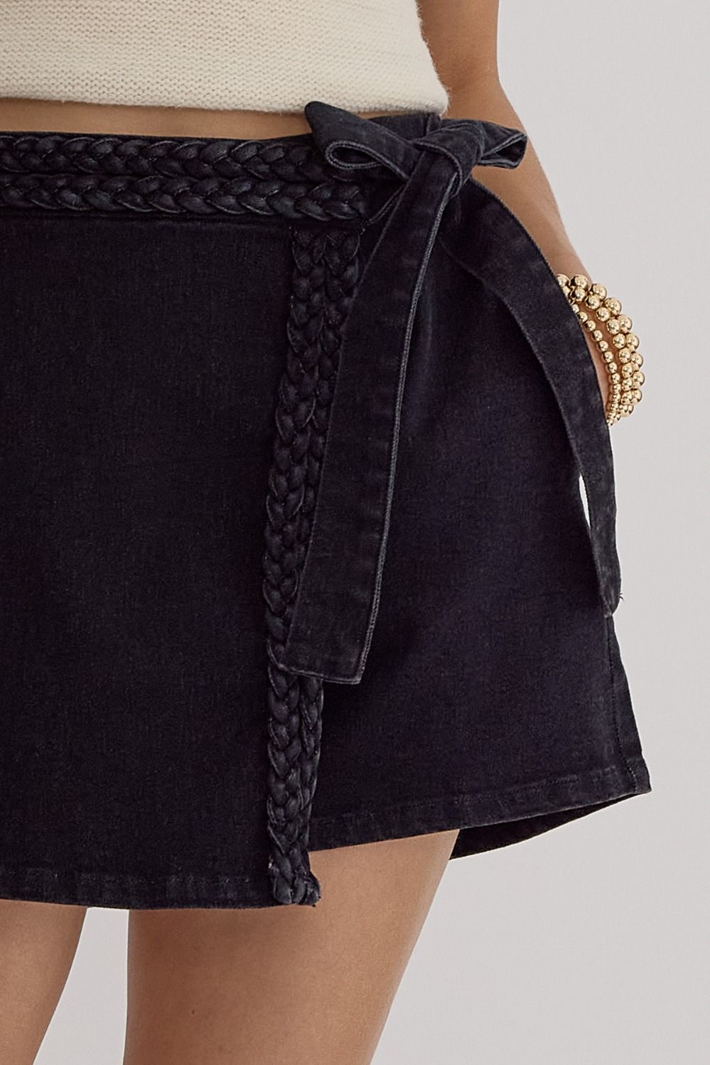 Black Denim Braided Wrap Skort