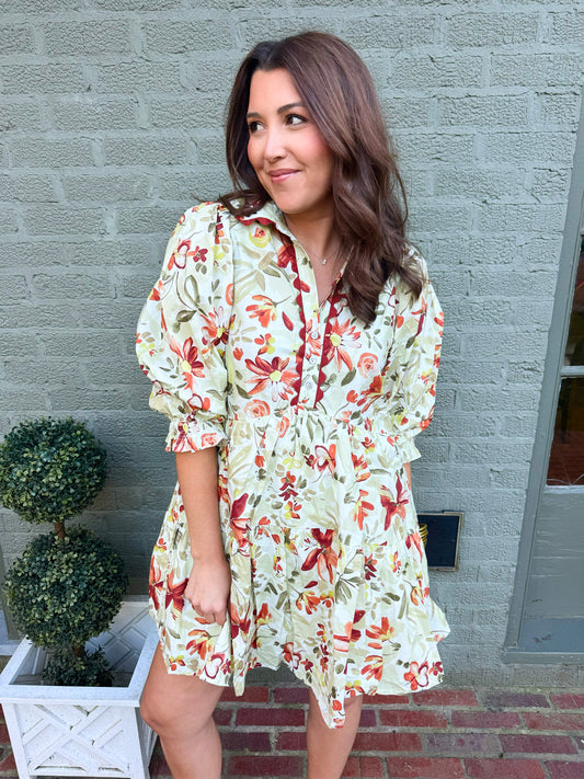 Olive/Rust Fall Floral Dress