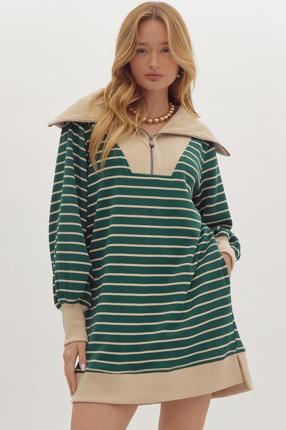 Green Stripe Ribbed Half Zip Over Sized Collar Dress