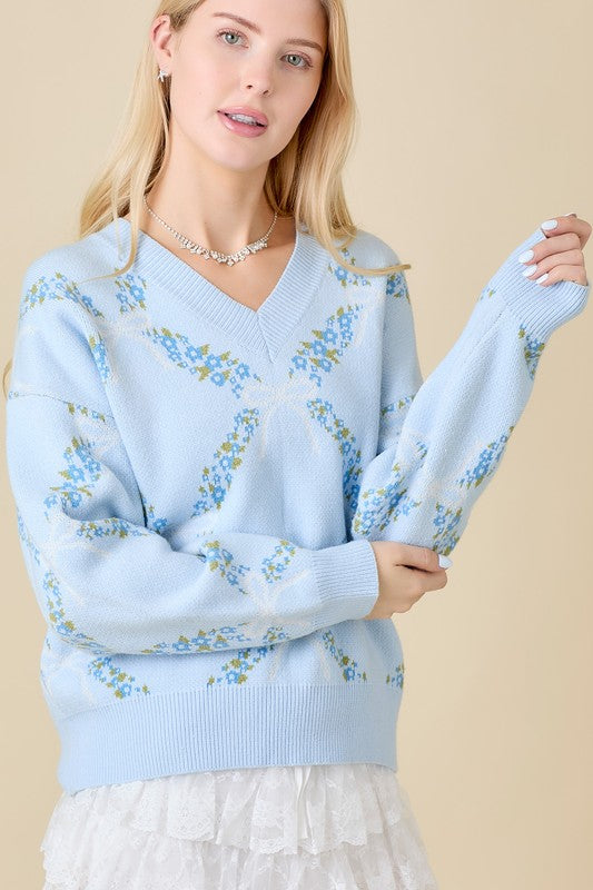 Light Blue Floral Ribbon Print Sweater