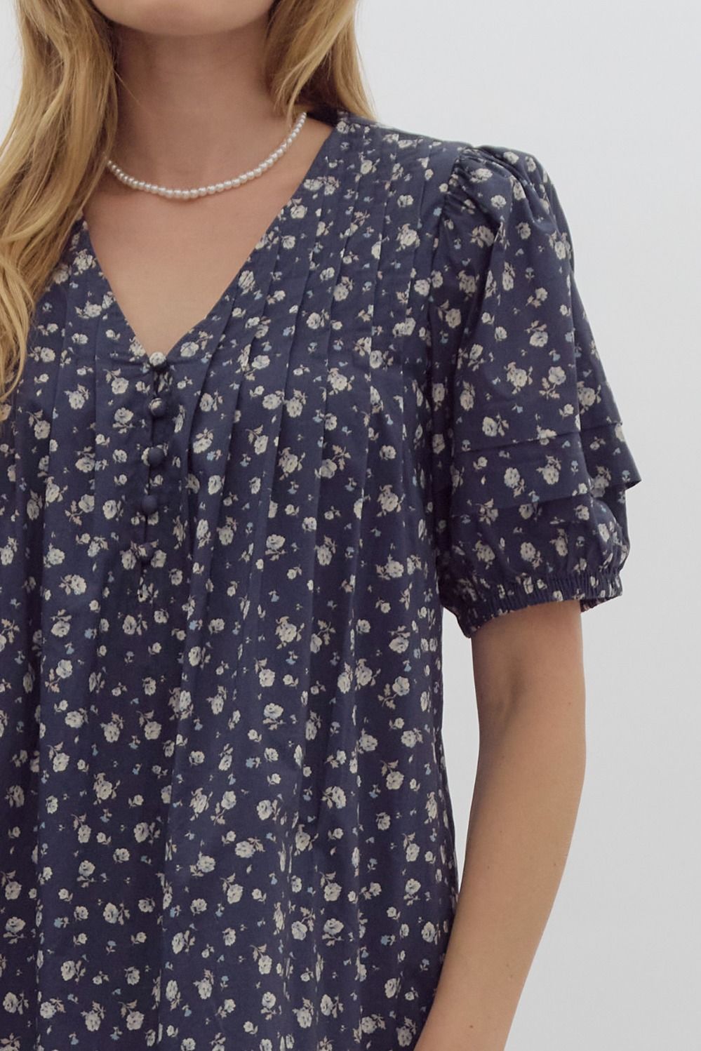 Navy Floral Puff Sleeve Dress