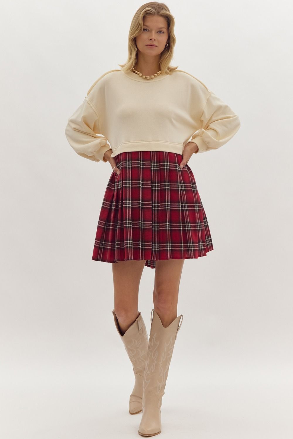 Ecru/Red Tartan Sweater Top Dress