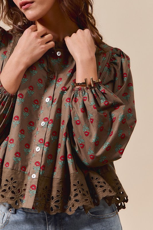 Brown Floral Lace Trim Top