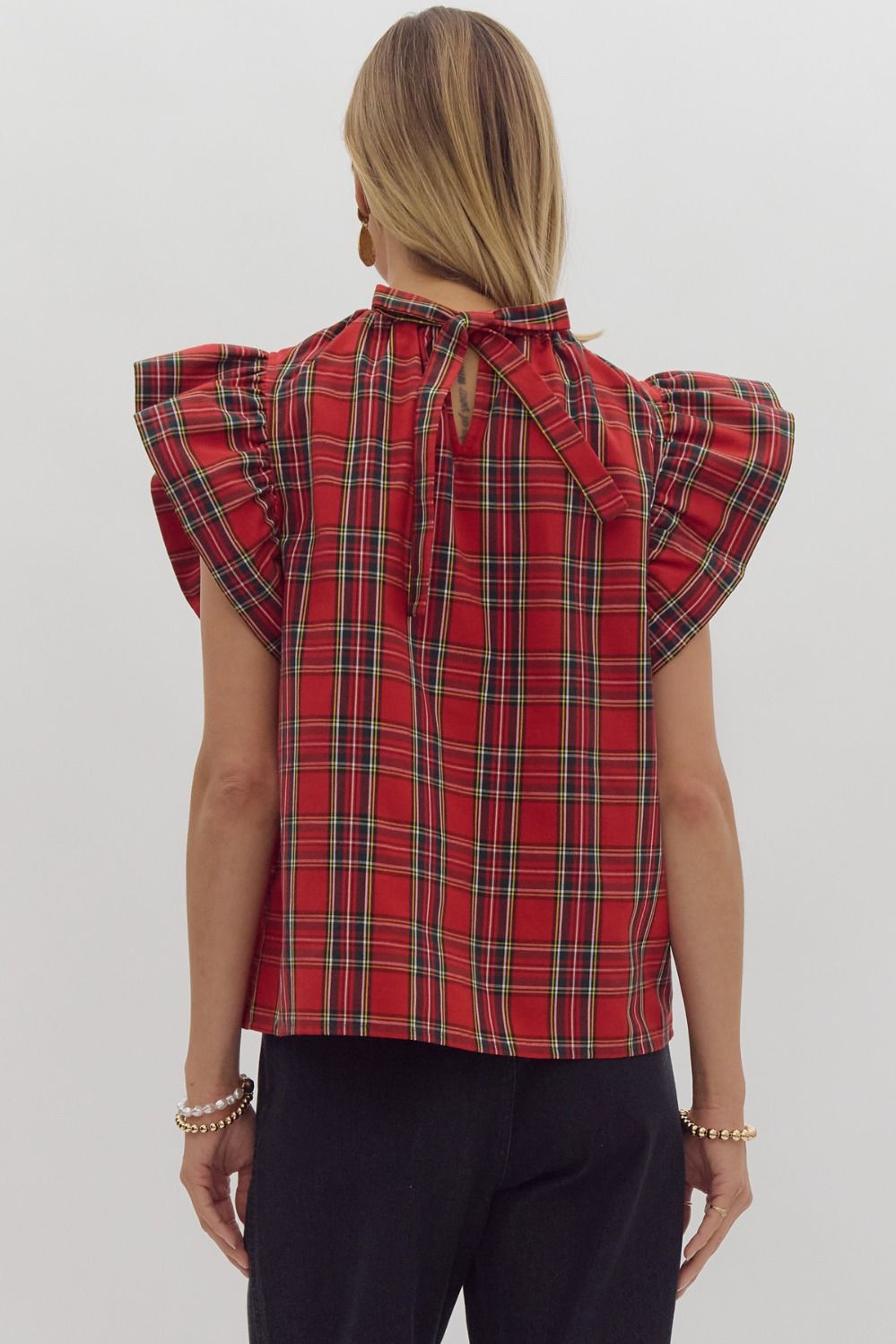 Red Tartan Ruffle Sleeve Top