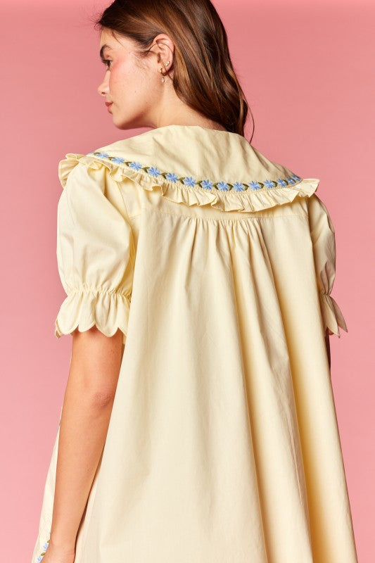 Yellow Floral Embroidered Scallop Hem Dress