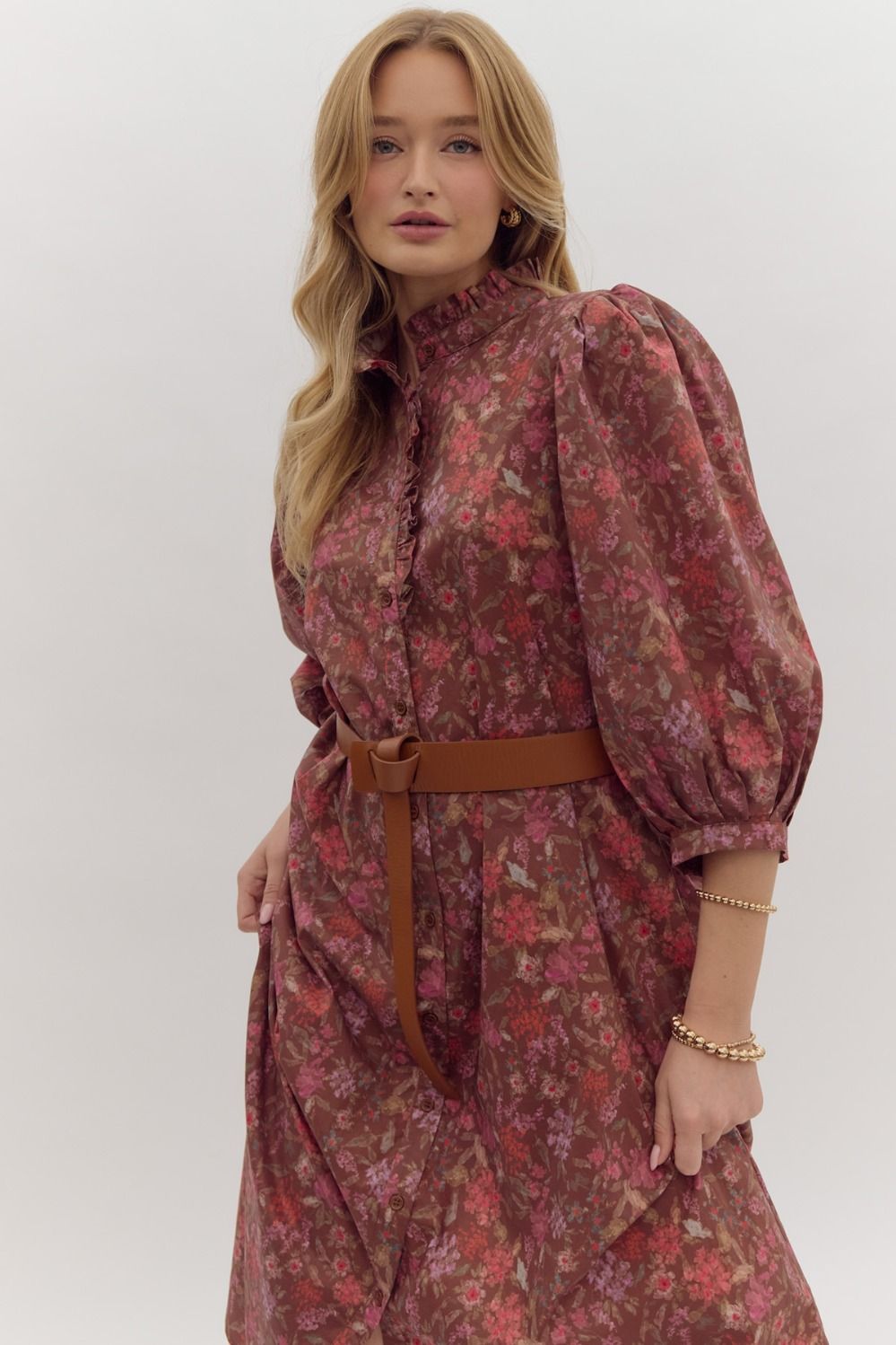 Brown Floral High Neck Puff Sleeve Dress