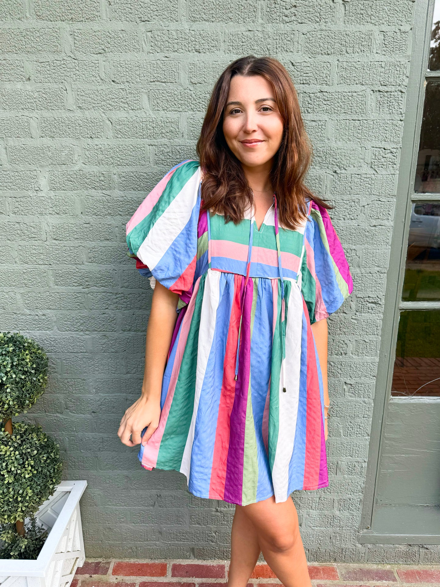 Denim Plum Striped Tie Neck Dress