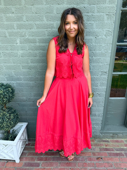 Red Scalloped Edge Skirt Set
