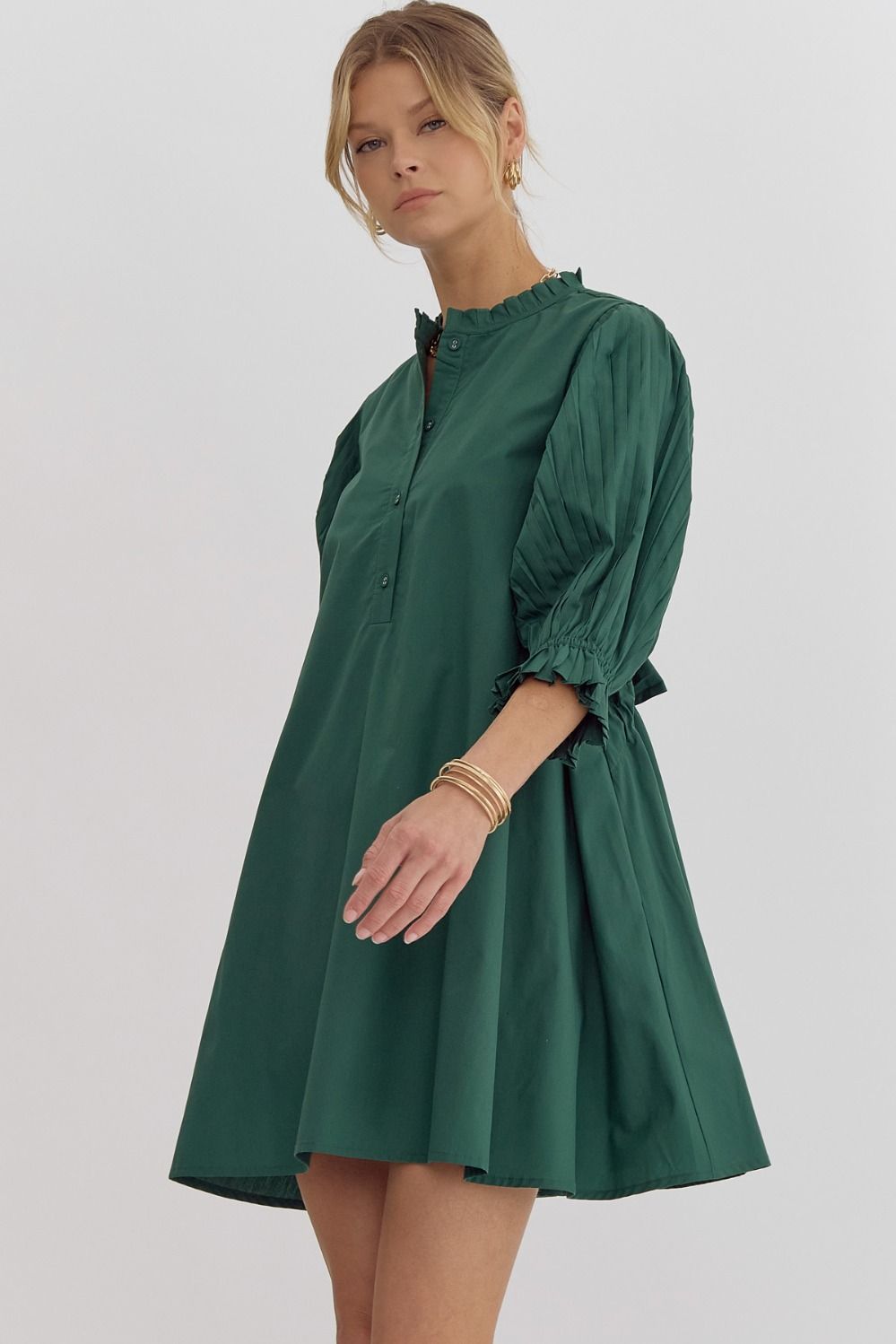 Forest Pleated Sleeve Tie Back Dress