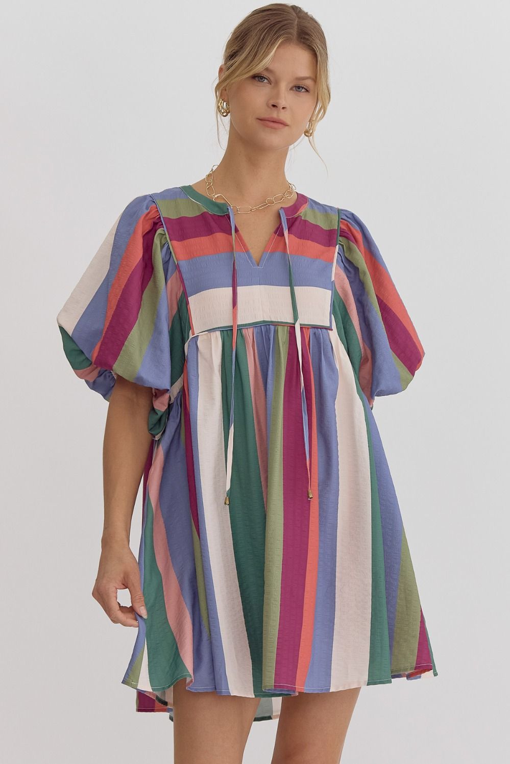 Denim Plum Striped Tie Neck Dress