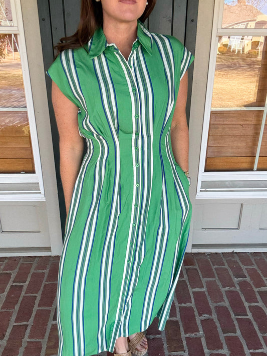 Green Fitted Bodice Striped Button Down Midi