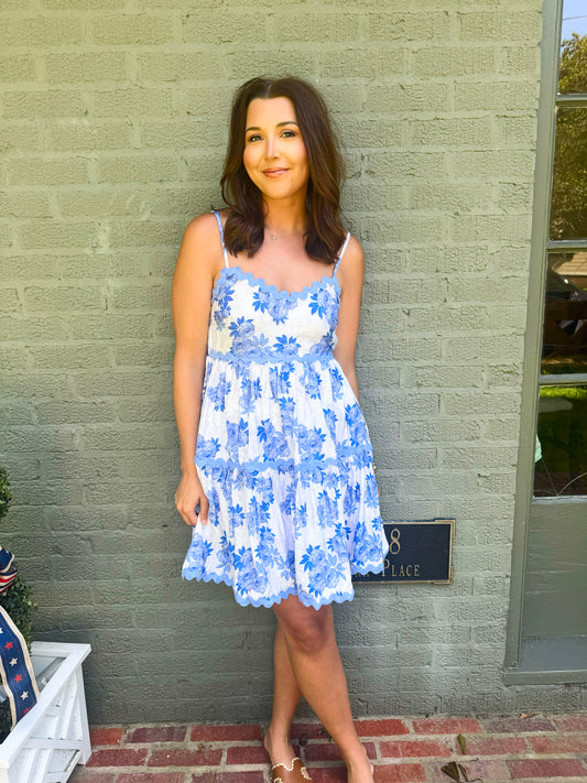 Blue Floral Ric Rac Trim Dress