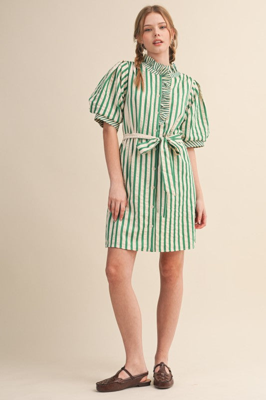 Green Stripe Ruffle Neck Dress