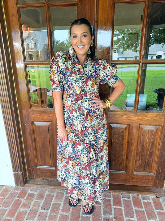 Fall Floral Stand Collar Midi Dress