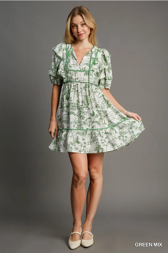 Green Toile V-Neck Dress