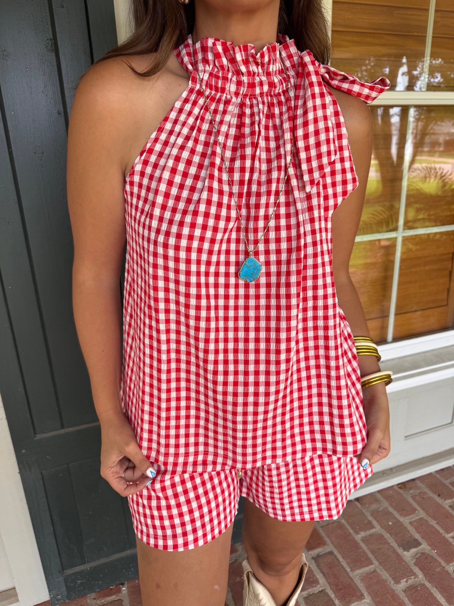 Red Gingham Tie Neck Short Set