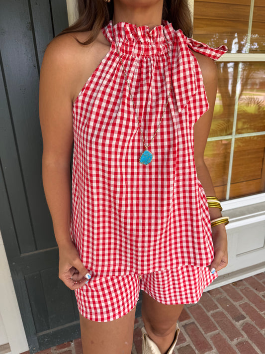 Red Gingham Tie Neck Short Set