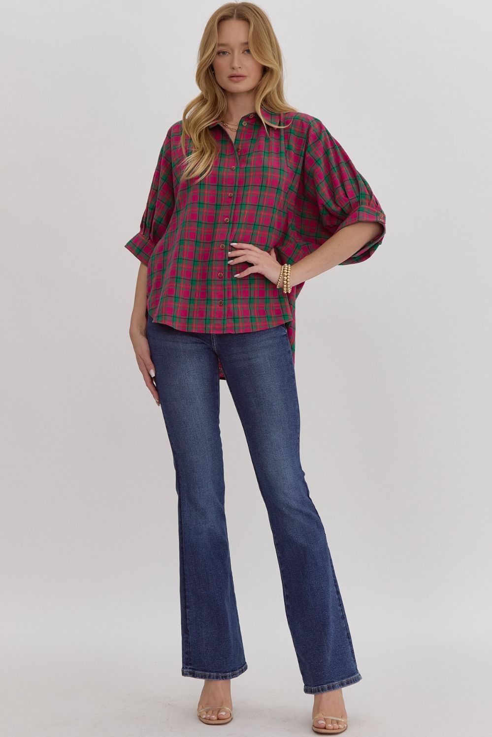 Magenta Plaid Button Down Dolman Top