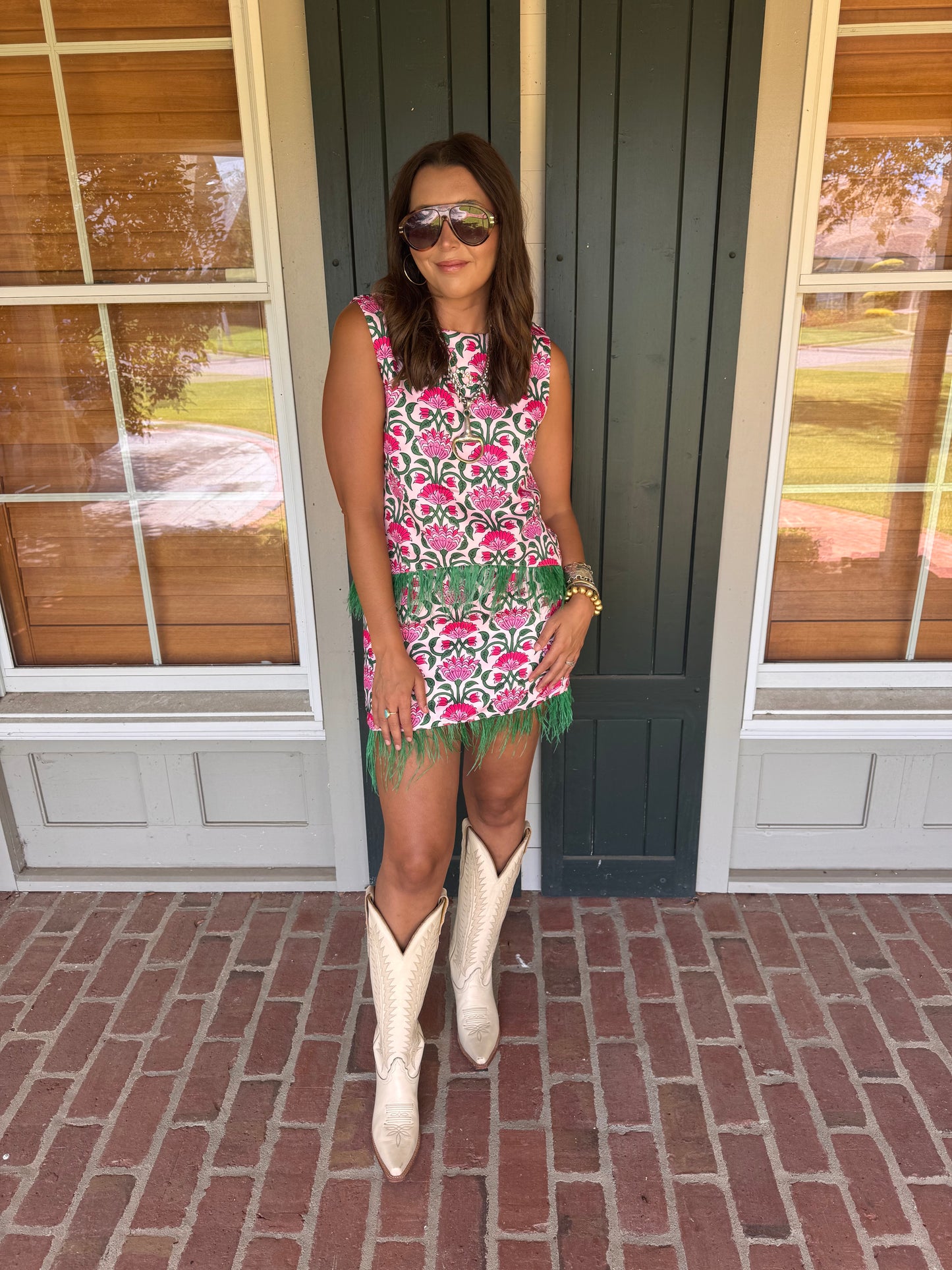 Floral Print Feather Trim Skirt Set