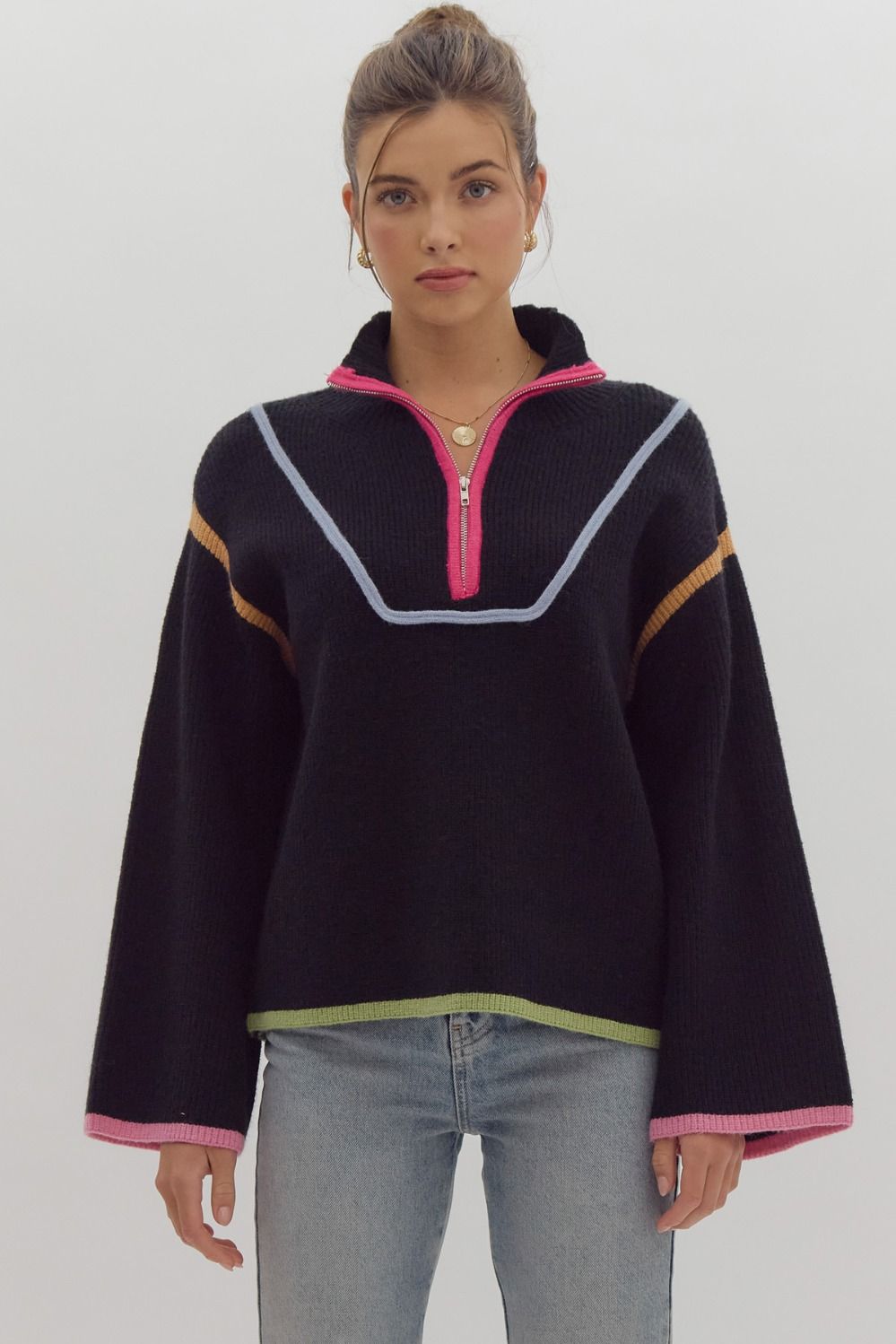 Black Multi Color Trim Half Zip