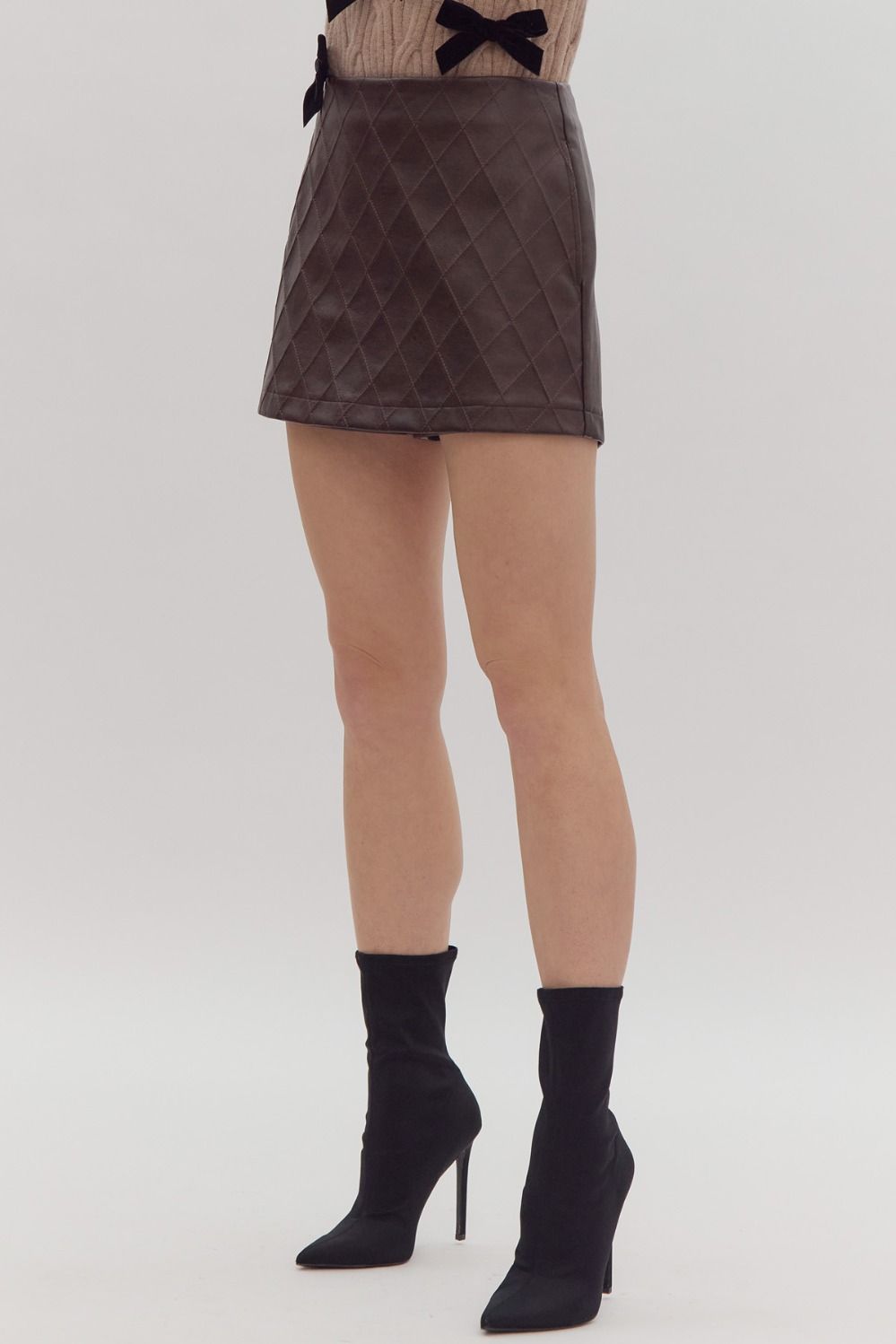 Brown Quilted Faux Leather Skort