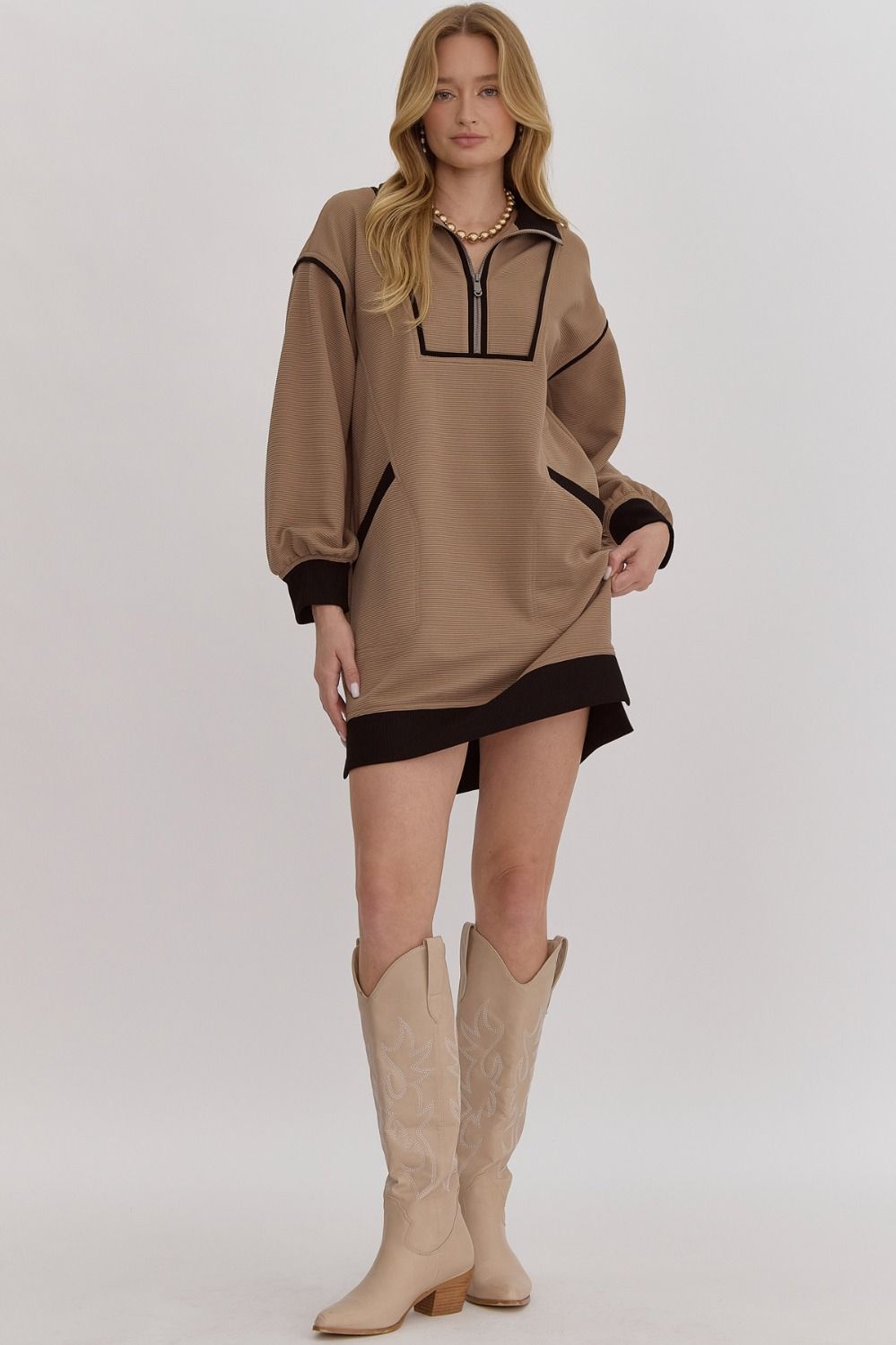 Mocha Half Zip Ribbed Collar Dress