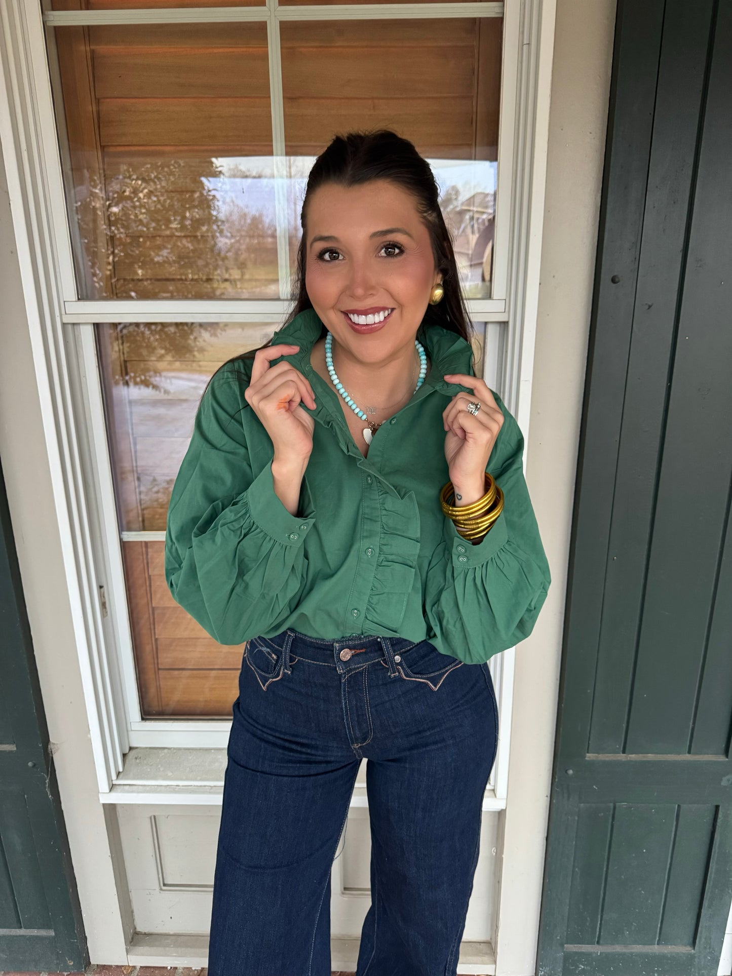 Pine Green Ruffle Neck Top