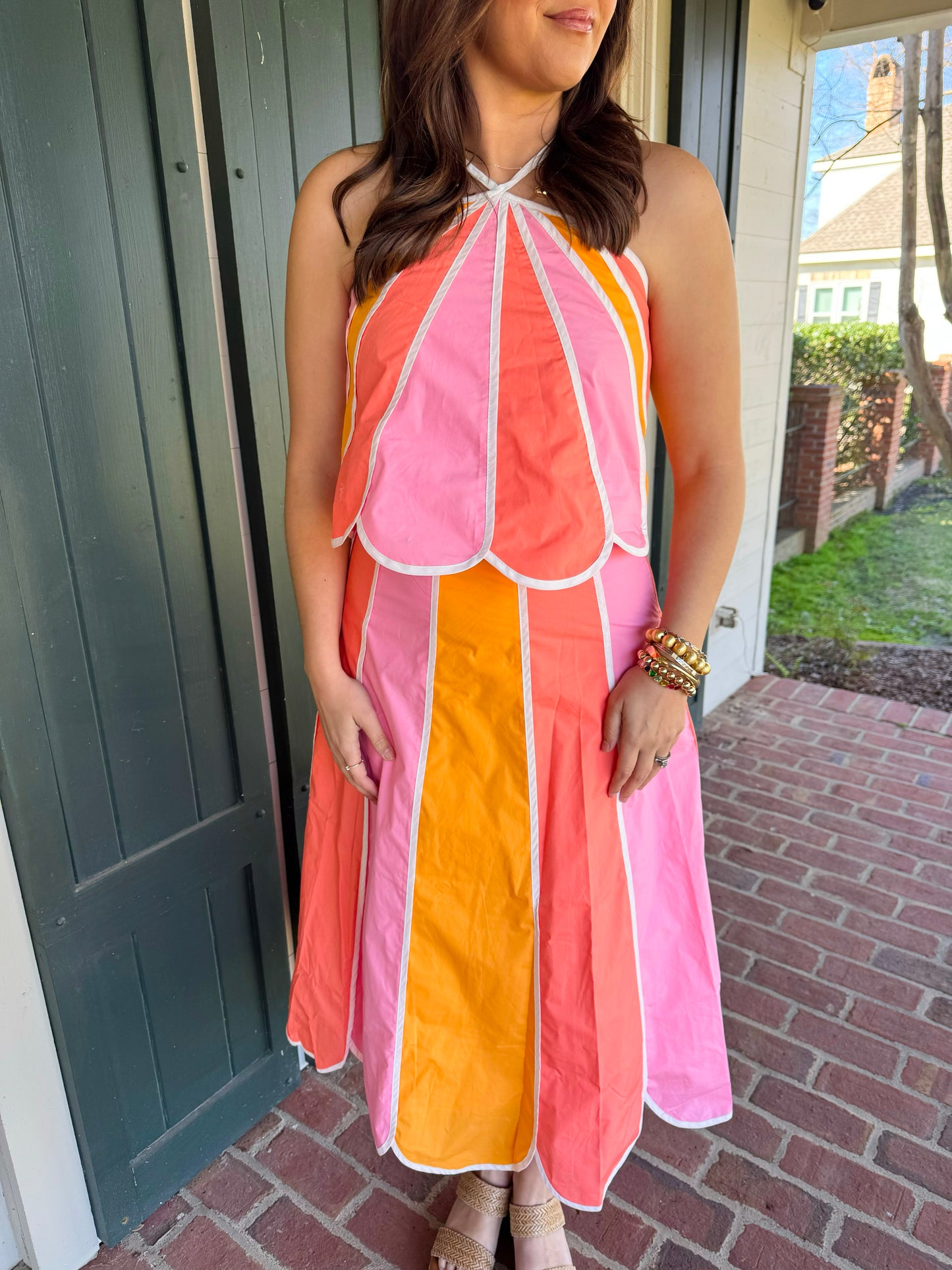 Peach Colorblock Scalloped Skirt Set