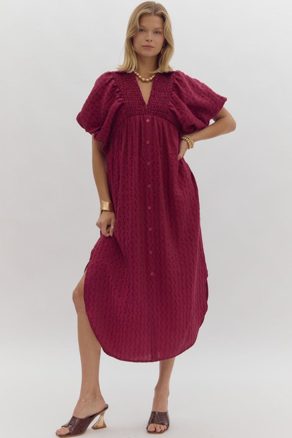 Plum Smocked Detail Midi Dress