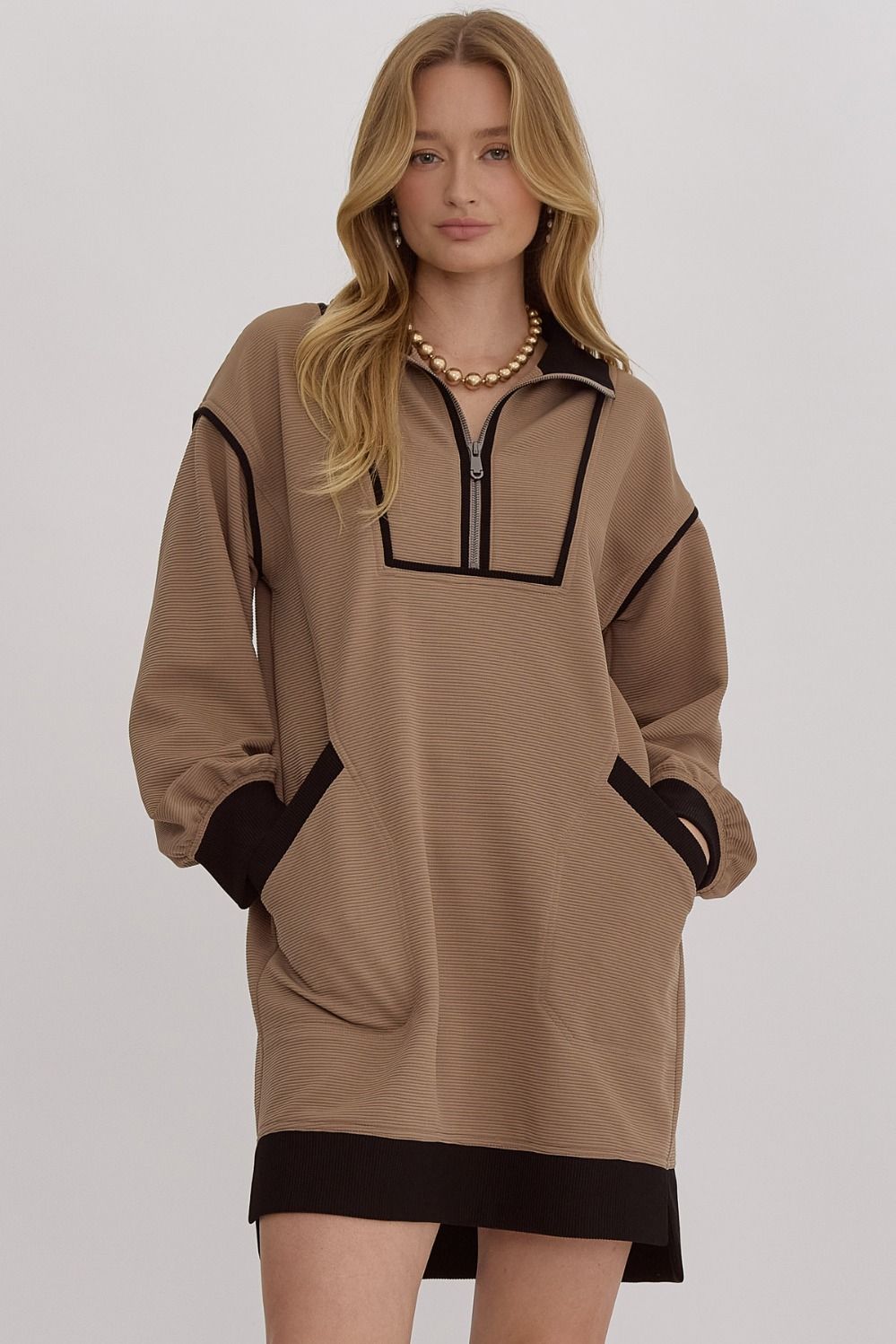 Mocha Half Zip Ribbed Collar Dress