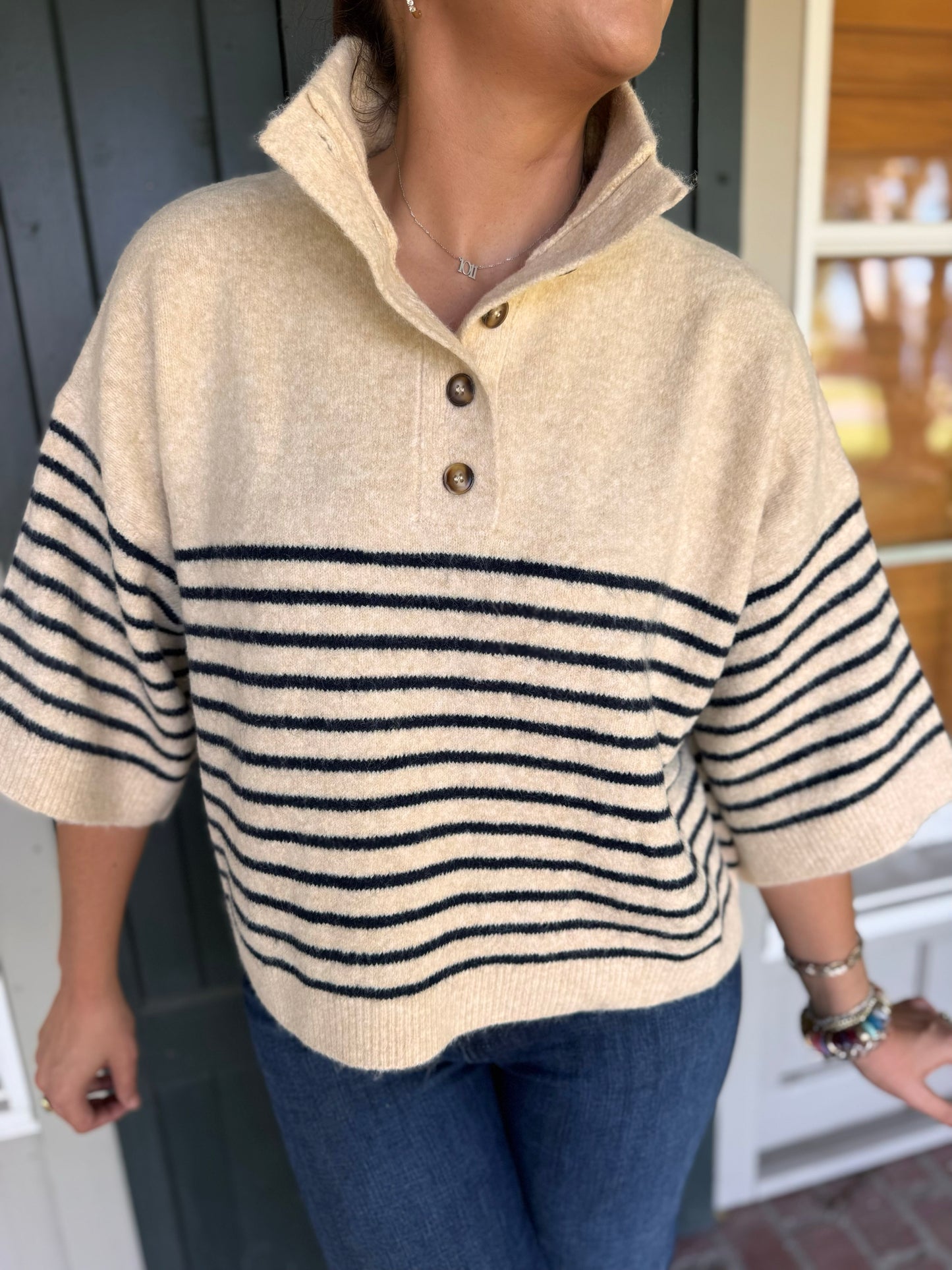 Ecru Mock Neck Striped Sweater