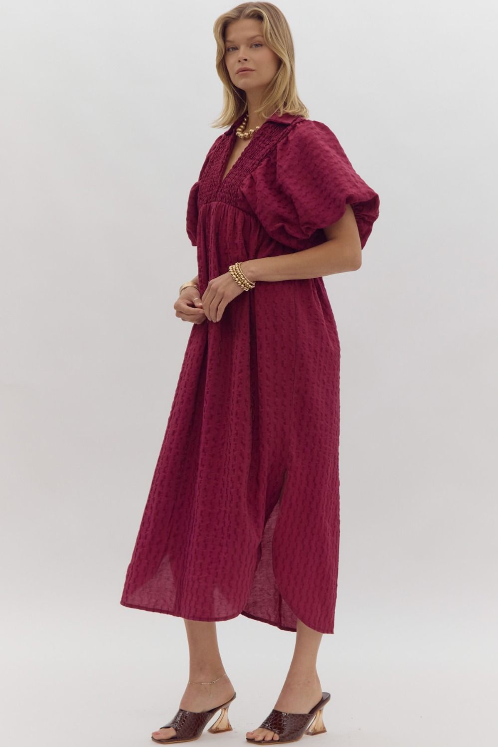 Plum Smocked Detail Midi Dress