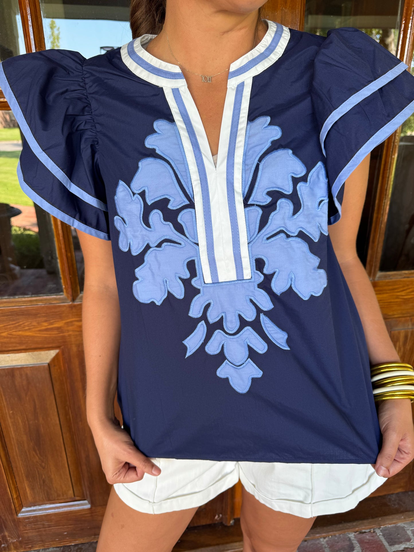 Navy Ruffle Sleeve Top