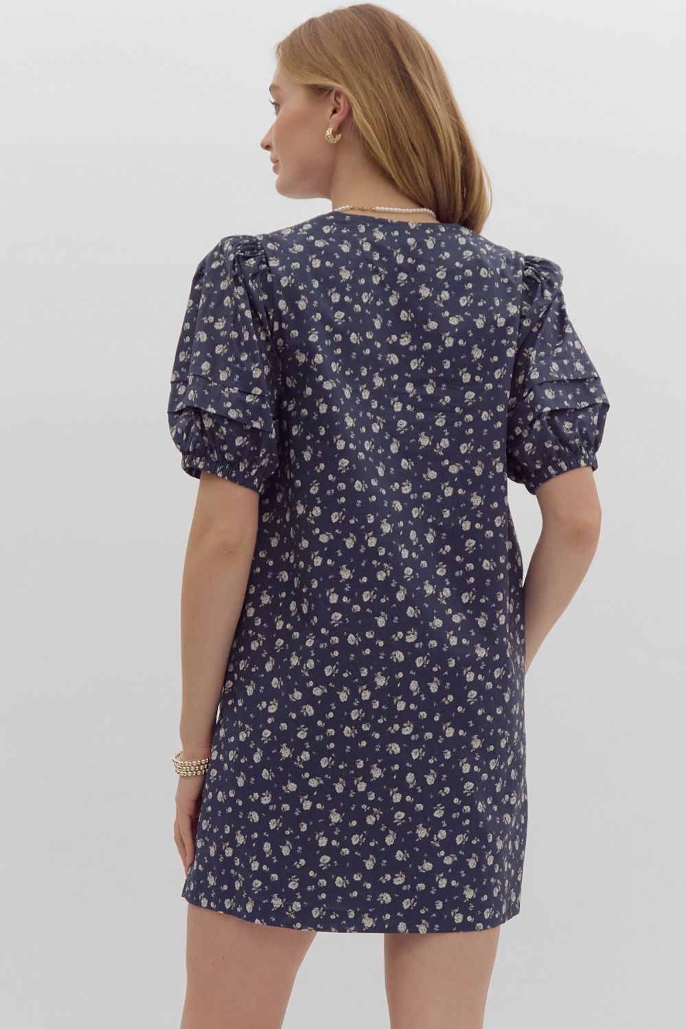 Navy Floral Puff Sleeve Dress