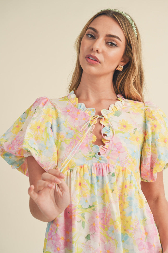 Yellow Multi Floral Scalloped Trim Neck Top