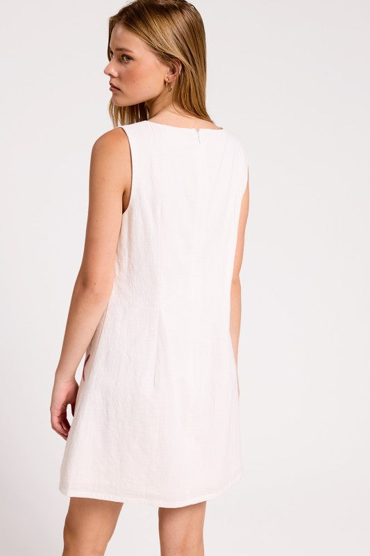Shell Embroidered White Linen Dress