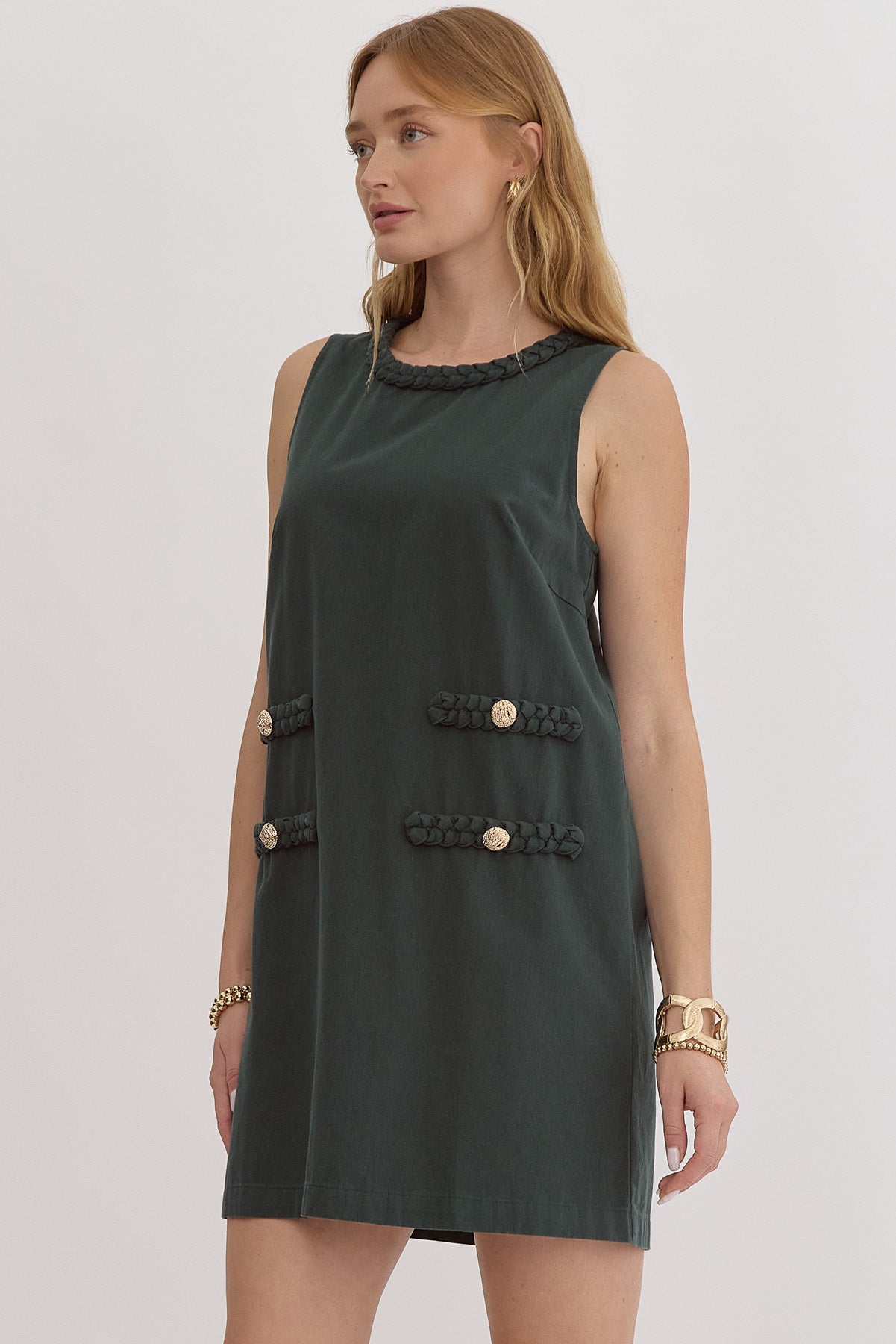 Hunter Green Braided Neck and Pocket Detail Dress