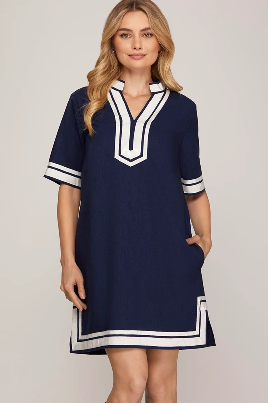 Navy Contrast Trim Dress