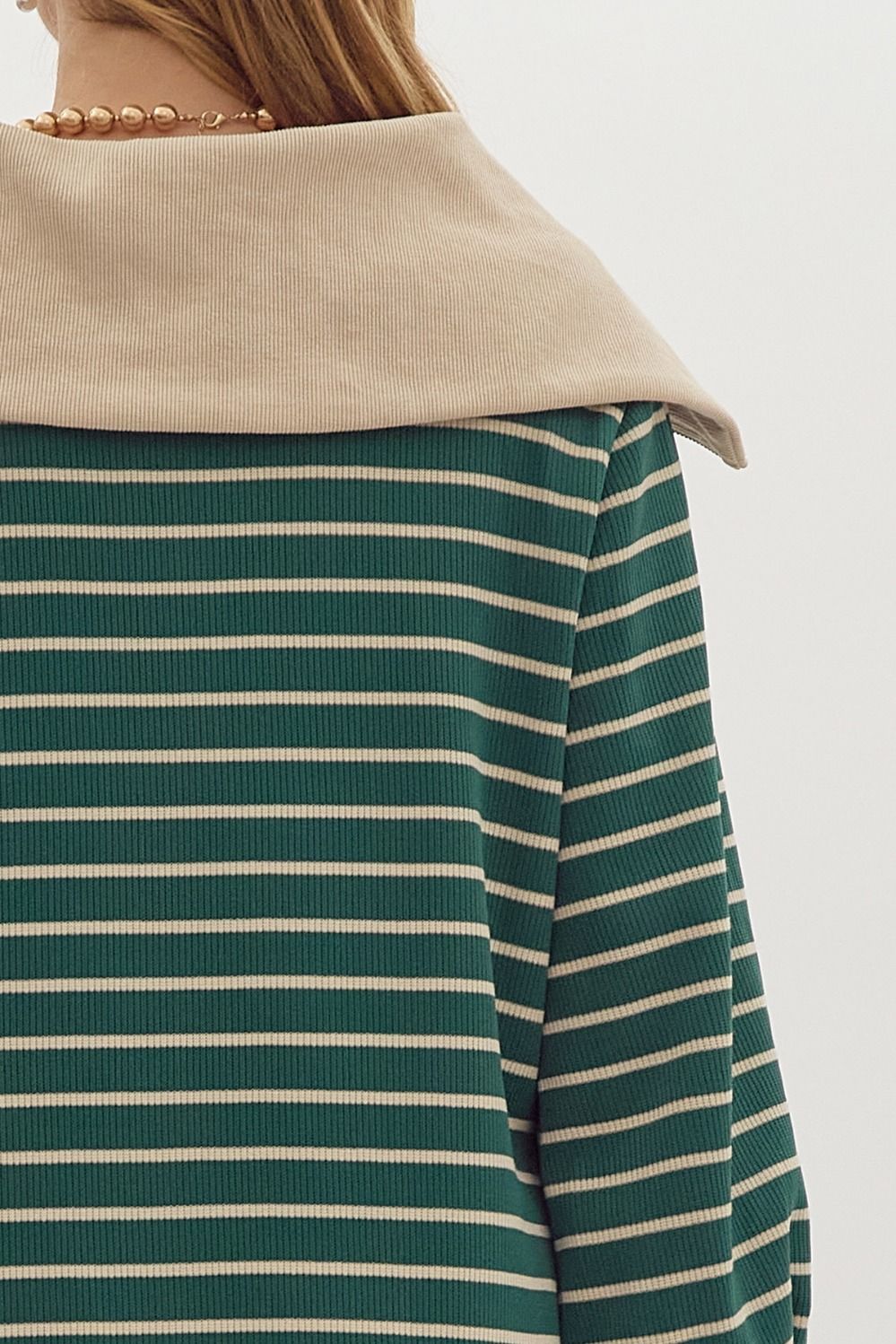 Green Stripe Ribbed Half Zip Over Sized Collar Dress