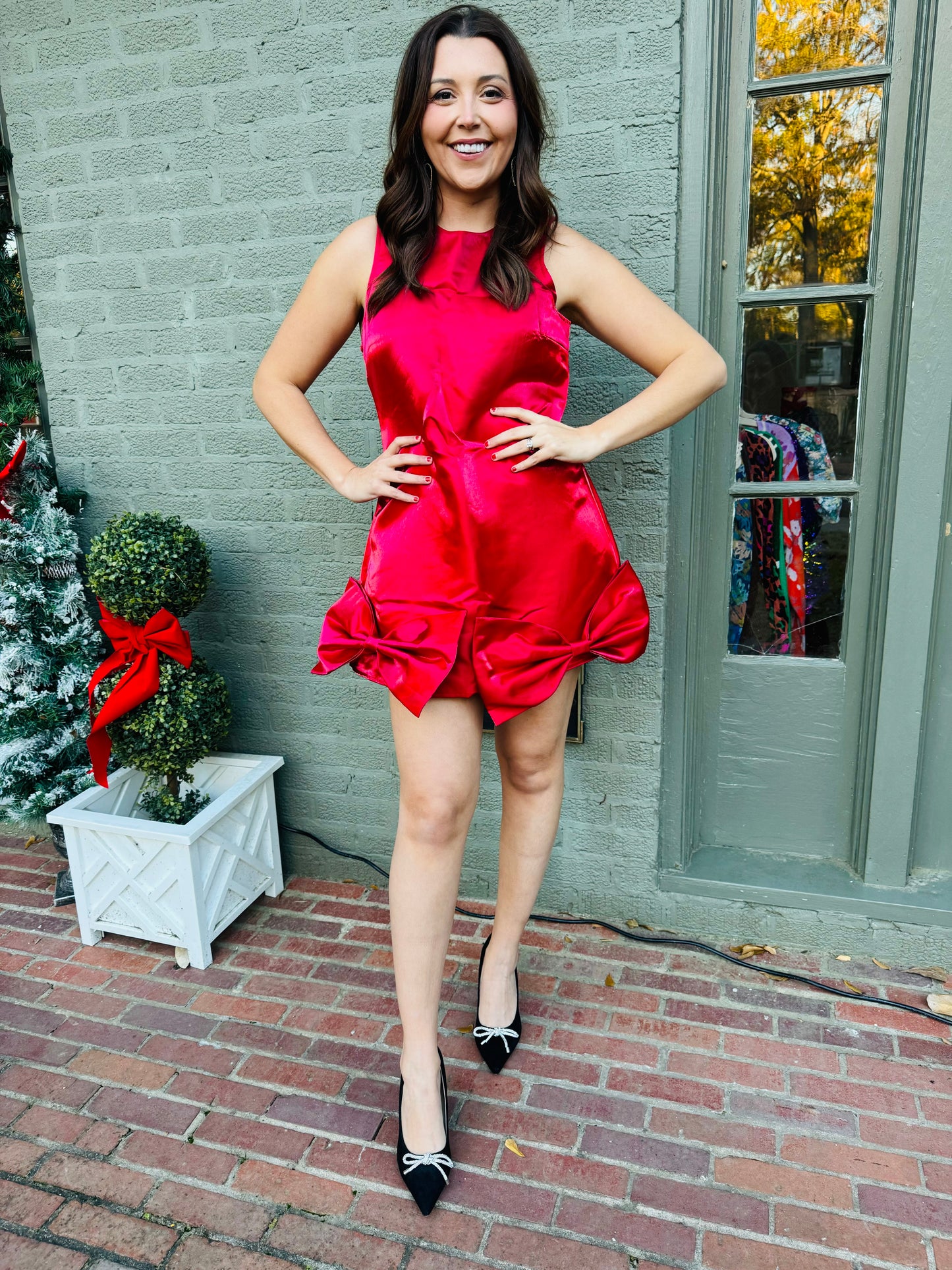 Red Satin Sleeveless Bow Hemline Dress