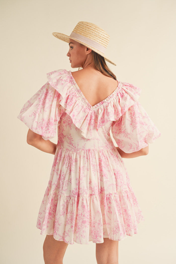 Off White Pink Ruffle V Neck Dress