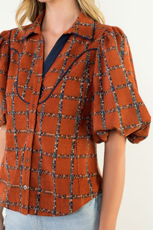 Rust Puff Sleeve Plaid Corduroy Top