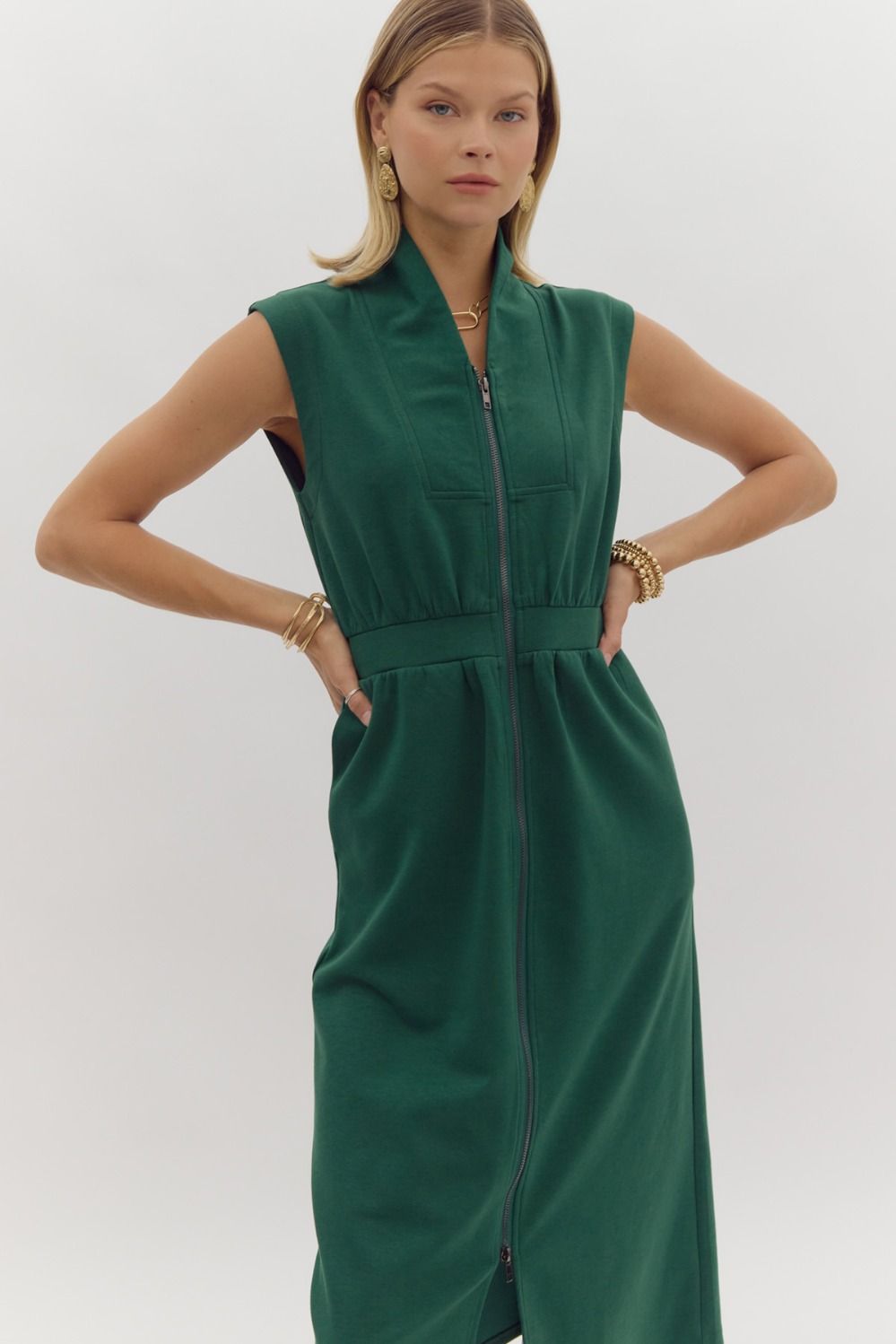 Green Sleeveless Zip Up Midi