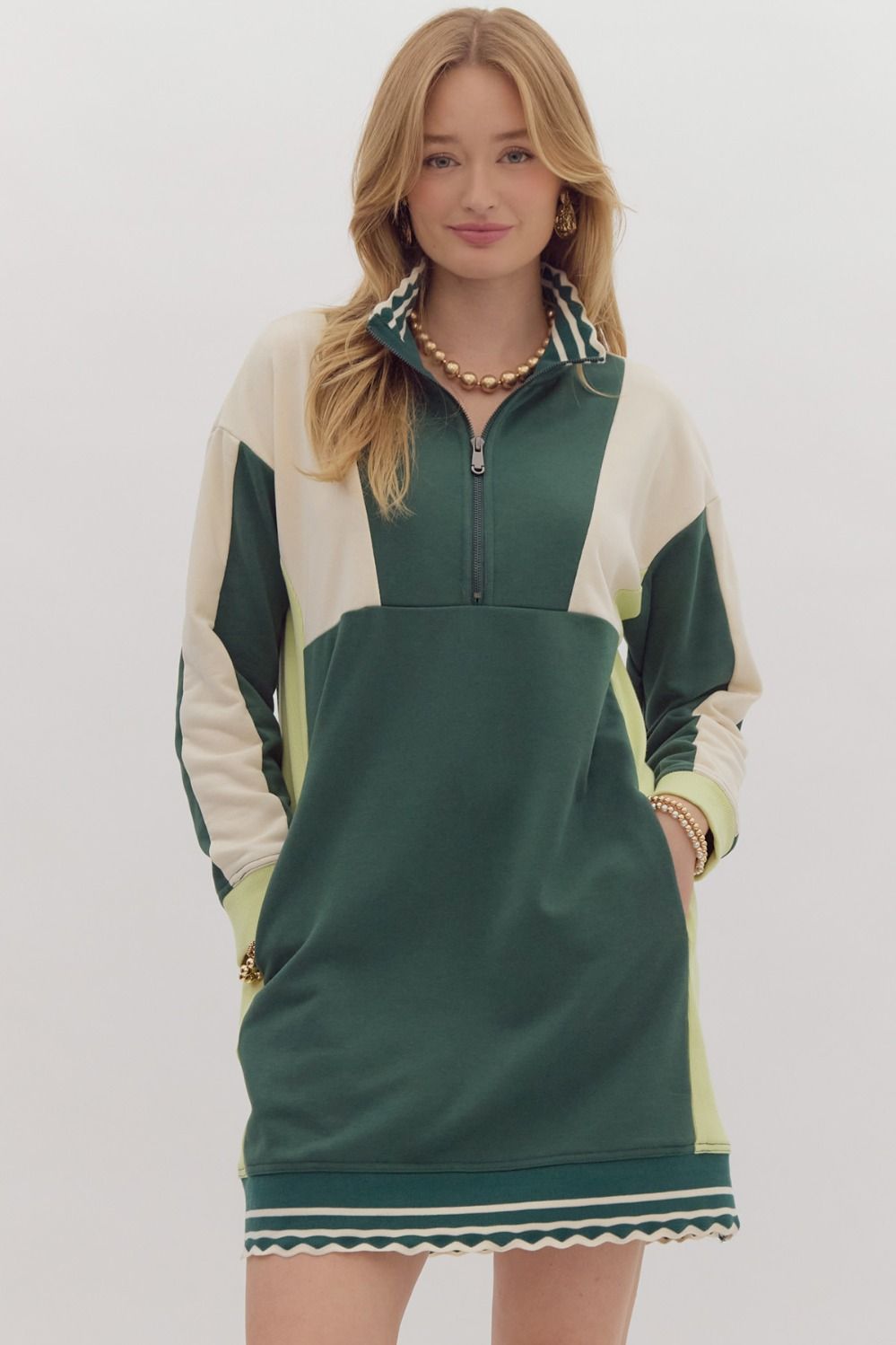 Green Colorblock Long Sleeve Dress