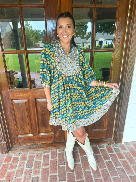 Green Mix Tie Neck Dress