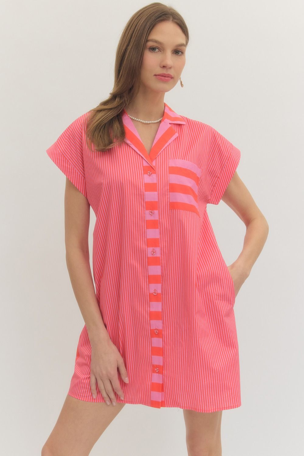 Pink Orange Stripe Shirt Dress